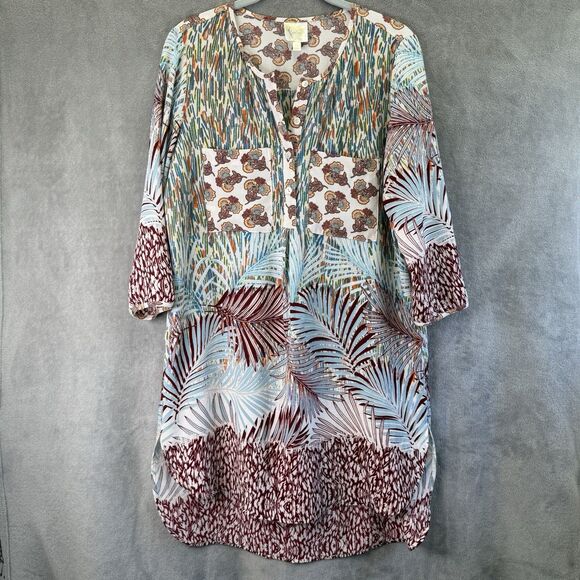 Anthropologie Tops - Anthropologie Fig & Flower Tropical Print 3/4 Sleeve Tunic Shirt Dress Medium